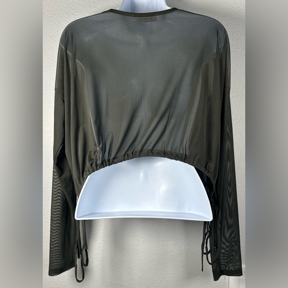 Jasmine Olive Green Sheer Mesh Long Sleeve Tie Crop Top Size Medium - Picture 3 of 9